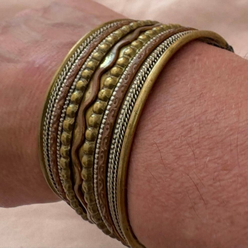 Vintage Mixed Metal Brass Copper Stacked Textured Boho Cuff Bracelet Bohemian